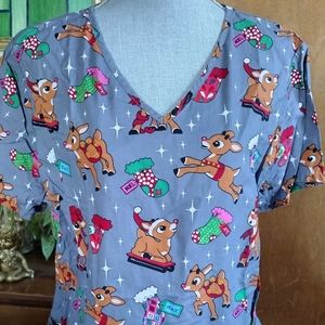 Rudolph Women's Scrub Top Reindeer Medical 100% cotton Sz L